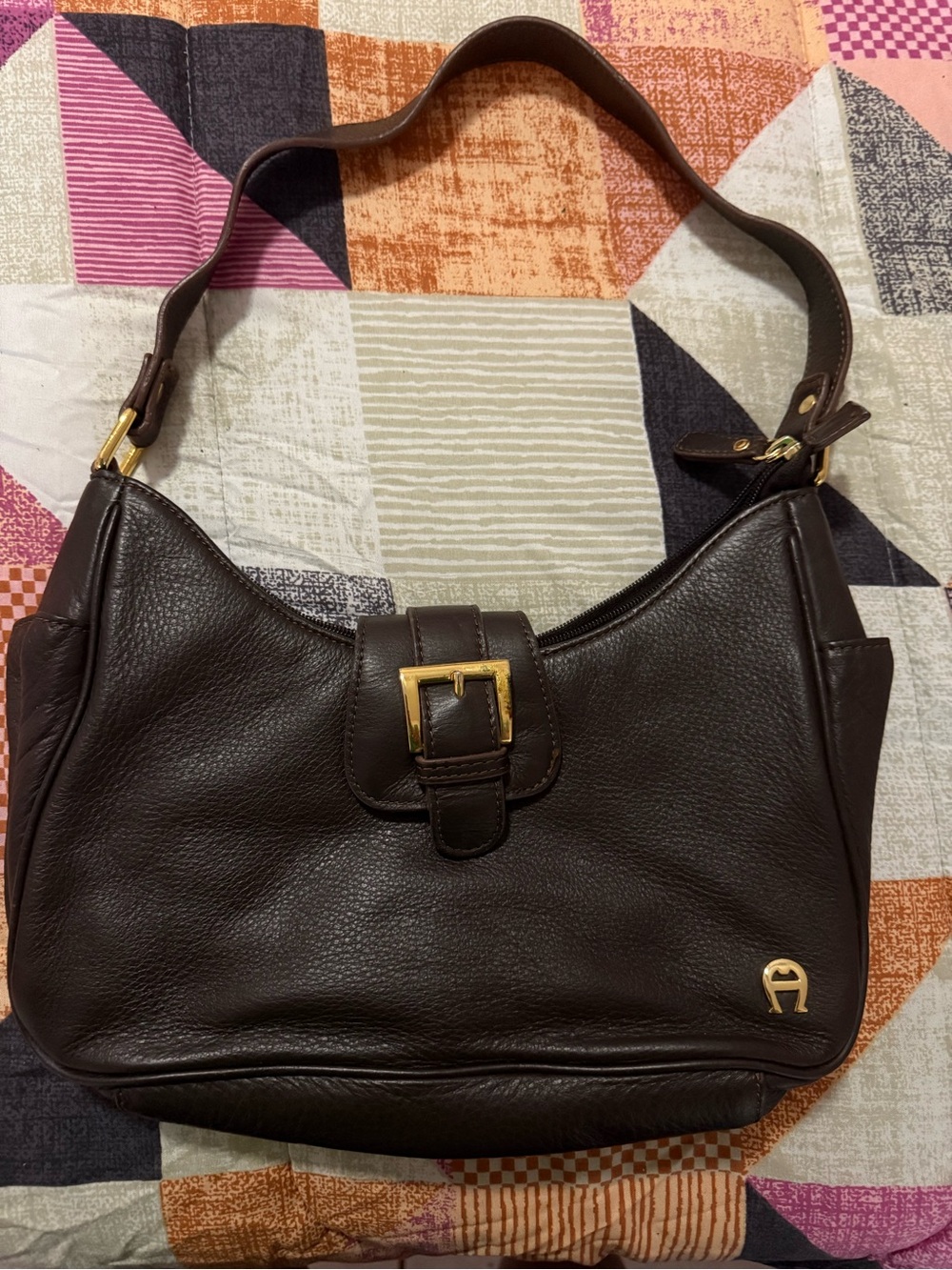 Etienne Aigner Dark Brown Leather Shoulder Bag with Gold Hardware